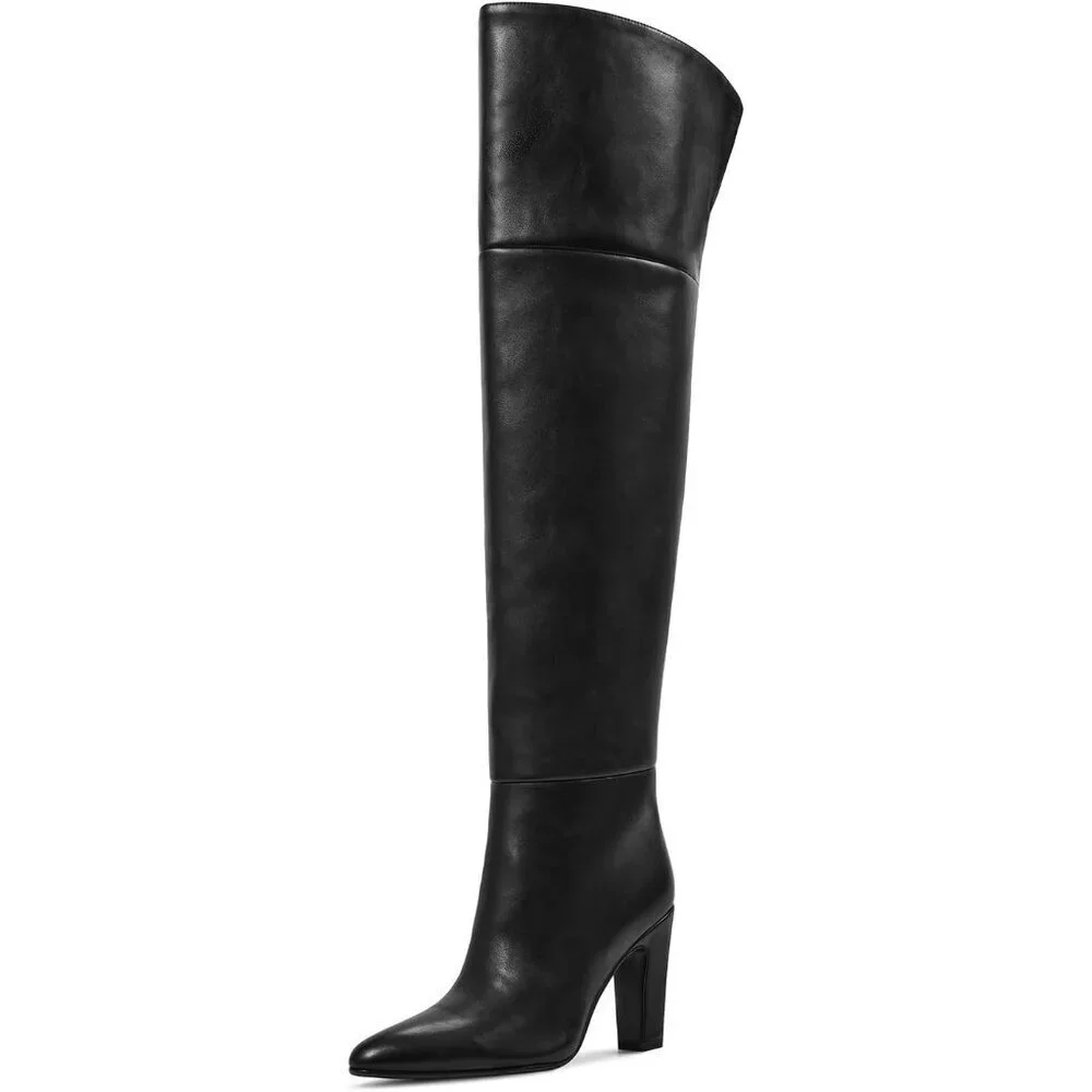Women Black Faux Leather Chunky Heel Side Zipper Thigh High Over the Knee Boots